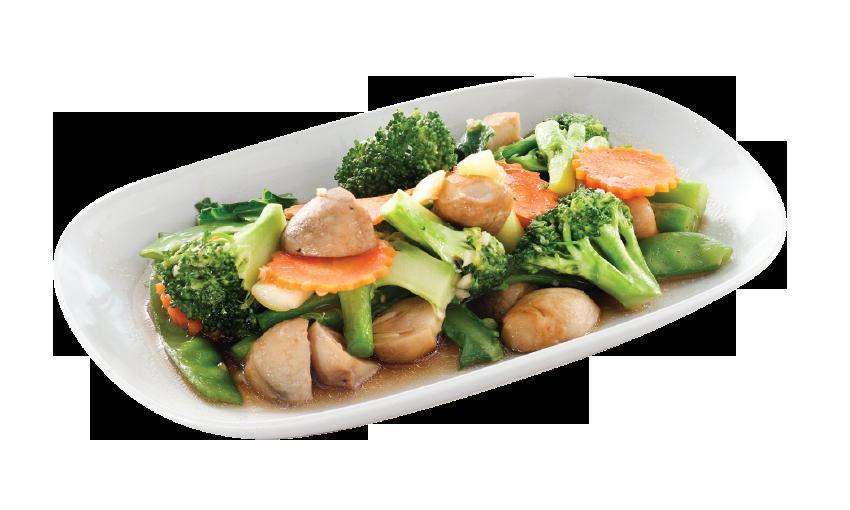 EN1. Veggie Lover · Stir-fried combination of vegetable, broccoli, carrot, celery, onion, cabbage, mushroom, ad bean sprout, in a light brown sauce.