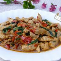 EN2. Pad Gaprow · Stir-fried with garlic, jalapeno, white onion, basil, and red bell pepper, in a brown sauce....
