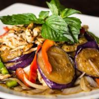 EN8. Pad Eggplant · Stir-fried with eggplant, white onion, bell pepper, carrot, basil, jalapeno, and green onion...