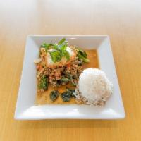 EN10. Pad Garpow Kai Dow · Stir-fried grounded chicken with onion, basil, bell pepper, Thai chili, and a fried egg on t...