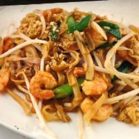 P3. Shrimp Pad Thai · Rice noodles stir fried with green onions, bean sprouts, celery, carrot, bambooshoot, eggs a...
