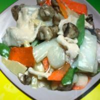 56. Moo Goo Gai Pan · Stir fried chicken and vegetables.