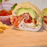Asian Wrap · Spinach tortilla, oven roasted turkey, fresh minced ginger, sliced almond, baby spinach, shr...