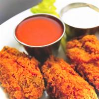 Buffalo Wings with Blue Cheese Sauce, Celery, and Carrots · Cooked wing of a chicken coated in sauce or seasoning. Our famous homemade all natural bread...