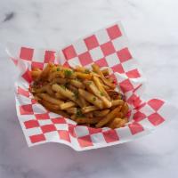 Garlic Fries · Golden brown french fries smothered in our housemade garlic butter sauce with a sprinkle of ...