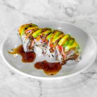 63. The Hulk Special Roll · Spicy softshell crab, crab, cucumber, avocado on top with bo sauce.