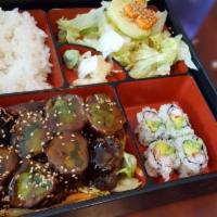 Beef Negimaki Dinner Box · Beef rolls with scallion. Includes soup, salad, rice, 1 California roll and 2 pieces of Shri...