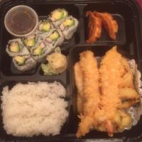 Tempura Dinner Box · Includes soup, salad, rice, 1 California roll and 2 pieces of shrimp gyoza.