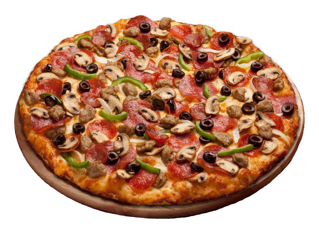 King Arthur's Supreme Pizza · Sausage, pepperoni, salami, linguica, mushrooms, olives, onions, and green peppers on zesty red sauce.