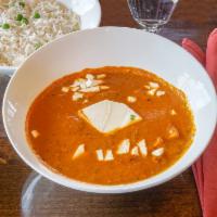 Paneer Tikka Masala · Paneer cooked with herbs and spices in a creamy tomato sauce. Includes rice.