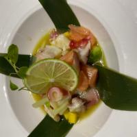 Sunomono Sashimi · tuna, salmon, yellowtail, octopus and shrimp with seasonal fruit in ponzu sauce
