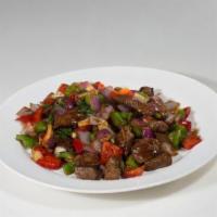 Cube Filet Mignon · Mongolian filet mignon with chorizo, piquillo pepper, basil and soy maggi black pepper sauce.
