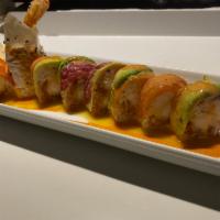 Sex on the Beach Roll · Shrimp tempura, spicy tuna inside, soy nori wrap, topped with salmon, tuna and avocado spicy...