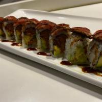 New Tuna Roll · Spicy tuna, jalapeno and avocado topped with pepper tuna and teriyaki spicy sauce.