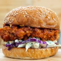 Buffalo Chicken Sandwich · Crispy Southern fried chicken breast tossed in spicy buffalo sauce and served with blue chee...