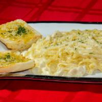 Linguine Chicken Alfredo · Pasta with cream sauce, a touch of Parmesan, and savory spices include our delicious tender ...