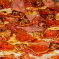 Meat Supreme Pizza · Pepperoni, salami, sausage, ham and mozzarella cheese.