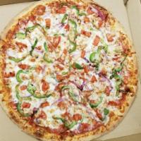 Garlic Chicken Pizza · Parmesan cheese, chicken, garlic, green peppers, onions, tomatoes and mozzarella cheese.