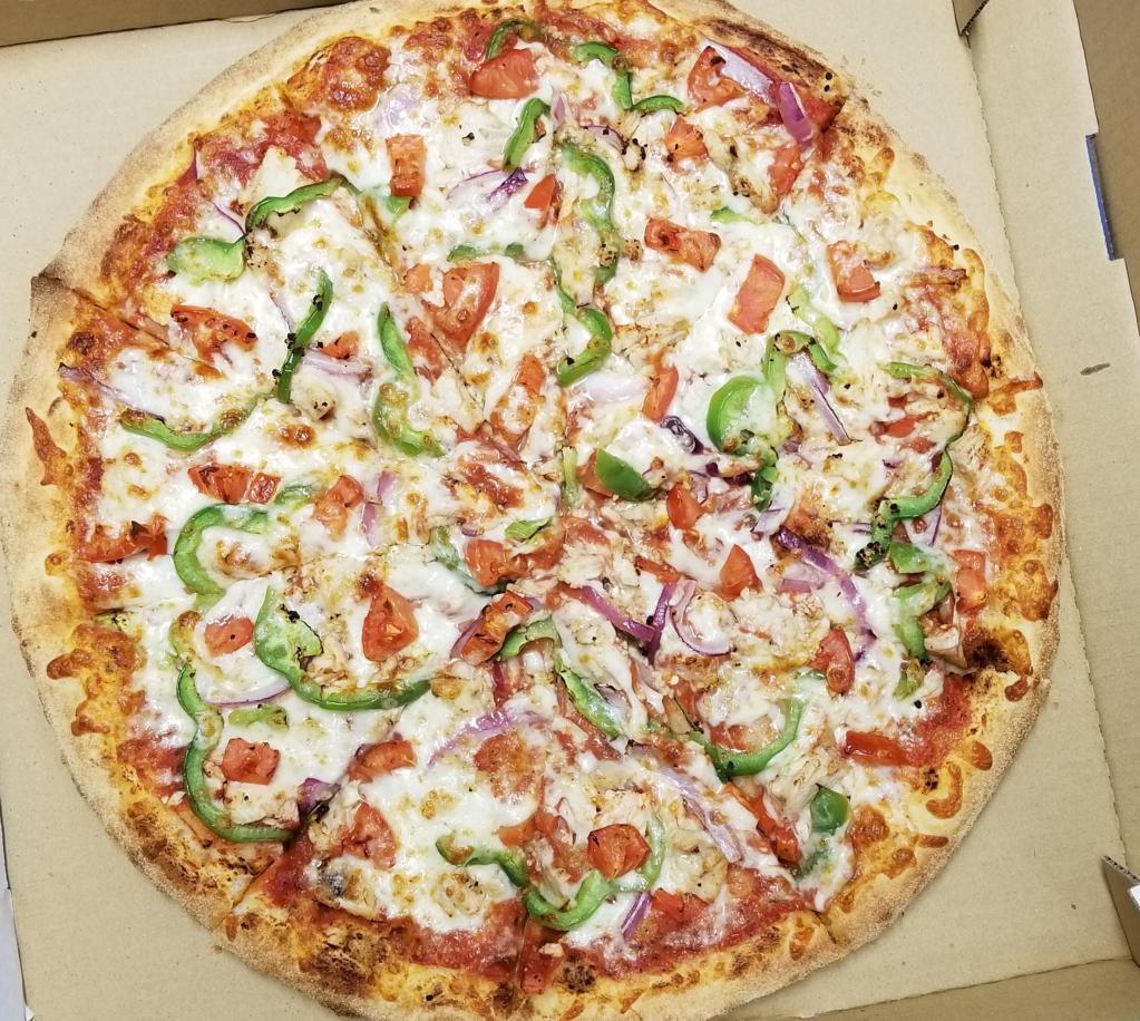 Garlic Chicken Pizza · Parmesan cheese, chicken, garlic, green peppers, onions, tomatoes and mozzarella cheese.