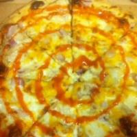 Buffalo Chicken Pizza · American cheese, Buffalo sauce, chicken, onions, provolone and cheddar cheese.