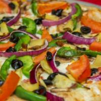 Veggie Deluxe Pizza · Mushrooms, olives, artichoke hearts, tomatoes, onions and green peppers.