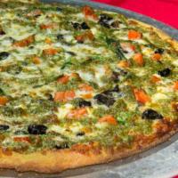 Pesto Supreme Pizza · Pesto sauce, artichoke hearts, tomatoes, onions, fresh mushrooms, fresh garlic and mozzarell...
