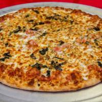 Margherita Pizza · Fresh garlic, fresh basil, tomato,  olive oil, herbs and mozzarella cheese.
