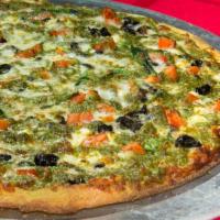 Spinach Primavera Pizza · Fresh spinach, feta cheese, fresh tomatoes, black olives, fresh garlic, onions and mozzarell...