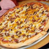 Bacon Cheeseburger Pizza · Mayonnaise, mozzarella cheese, ground beef, American bacon, fresh tomato, fresh onion, pickl...