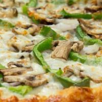 Philly Cheese Steak Pizza · American cheese, Philly steak, onions, mushroom, green pepper and mozzarella provolone cheese.