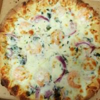 Prawn Alfredo Pizza · Alfredo sauce, mozzarella cheese, prawn, green peppers, fresh basil, red onions and Parmesan...