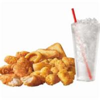 #12 Crispy Tender Dinner · 3 pc or 5 pc Tenders with tots, 1 onion ring, & 1 toasted texas toast bread