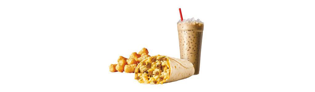 #14 Breakfast Burrito Combo · Served with a choice of side and a beverage. Kick start your morning with the same SONIC goodness of a simple breakfast burrito. Scrambled eggs, melty cheddar cheese and crispy bacon, savory sausage or delicious ham, all wrapped up in a warm flour tortilla.