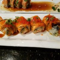 Big Daddy Roll · Prawn tempura, crab mix, cucumber avocado inside, topped with Scottish salmon and spicy mayo...