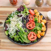 Spring Salad · Mixed greens, fresh sliced tomatoes, mozzarella cheese, black olive and seasoned croutons.