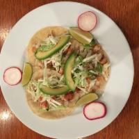 Shrimp Tacos · Three soft corn tortillas topped with cabbage, pico de gallo, avocado and creamy chipotle sa...