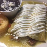 Cheese Enchiladas · two cheese enchiladas topped green salsa and melted cheese,sour cream.rice and black beans o...