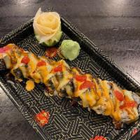 Volcano Roll (deep fried) · Cooked salmon ,on top spicy mayo,eel sauce,Wasabi sauce