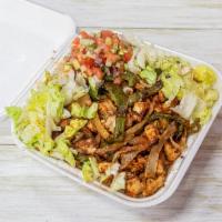Chicken Gyro Platter · Chicken gyro cooked with onions, sweet peppers, and served with Afghan rice, and chopped sal...