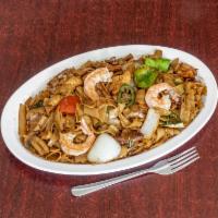 7. Drunkard’s Noodles Pad Kee Mao · Gluten-free. Medium spice. Wide noodles stir-fried with chili pepper, garlic, sweet basil, a...