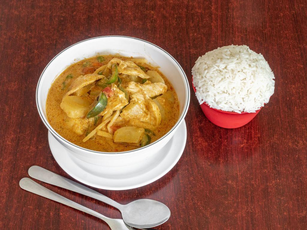 9A. Thai Red Curry · Gluten-free. Medium spice. This fragrant and truly delicious curry is a savory blend of coconut cream, potatoes, holy basil, sweet bell pepper, Thai eggplant, and bamboo shoots.