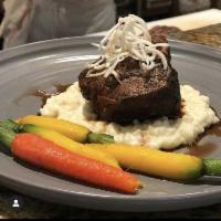 SHORT RIBS · braised short rib, sweet corn risotto, baby heirloom carrots, red wine jus