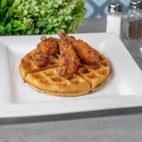 Chicken and Waffles · Redbird farms buttermilk fried chicken breast and whole wing, Belgian waffle, gravy, syrup, ...
