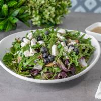 Spring Salad · Arugula, spring mix, fresh blueberries, sunflower seeds, shaved almonds, goat cheese, and ch...