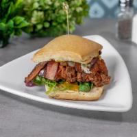 Biscuit Sandwich · Flattened crispy Red Bird Farms chicken breast, tangy maple aioli, pecan wood smoked bacon, ...