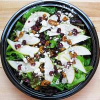 Pear and Gorgonzola Salad · Fresh baby greens tossed with seasonal pears, candied walnuts, Gorgonzola, dried cranberries...