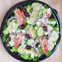 Greek Salad · Romaine lettuce, red onions, artichoke hearts, Kalamata olives, cucumbers, tomatoes and feta...