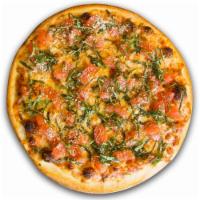 Margherita Pizza · Thin crust pizza with mozzarella, fresh tomatoes, shaved garlic and fresh basil.