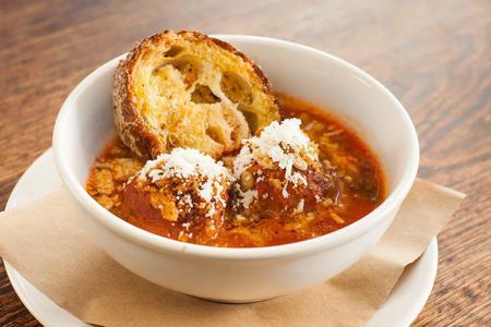 Beef & pork meatballs · braised beef & pork meatballs in tomato sauce and parmesan croutons