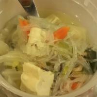 32. Gang Jerd Woon-Sen Soup · Silver noodles prepared with celery, mushrooms, carrots, spinach and napa cabbage choice of ...